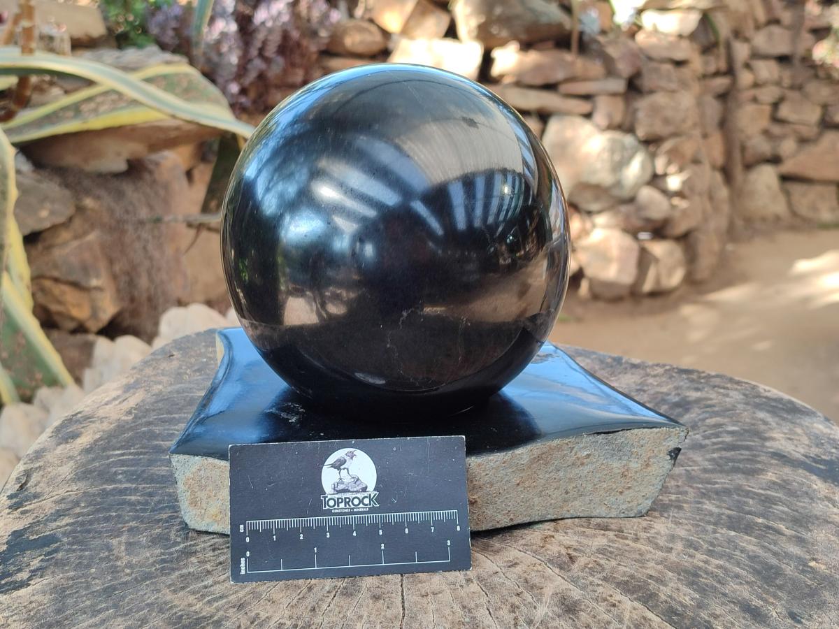 Polished Black Basalt Sphere and Base Display Set x 2 From Madagascar - Toprock Gemstones and Minerals 