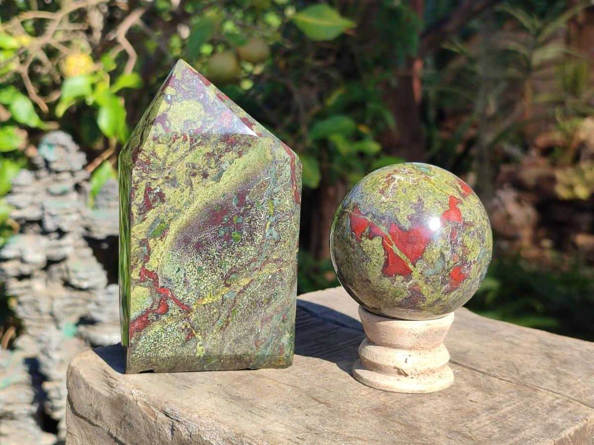 Polished Bastite Dragonsblood Stone Sphere and Crystal Point x 2 From Tshipise, South Africa - Toprock Gemstones and Minerals 