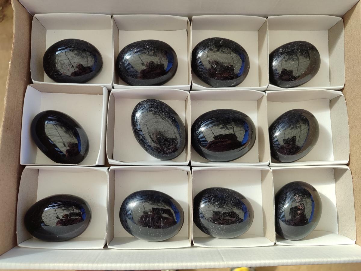 Polished Black Tourmaline Galets x 12 From Madagascar - Toprock Gemstones and Minerals 