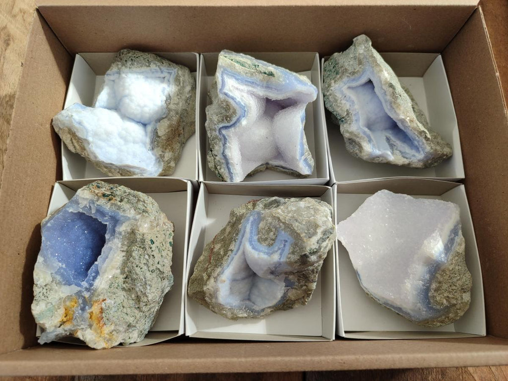 Natural Blue Lace Agate Geode Specimens x 6 From Nsanje, Malawi - Toprock Gemstones and Minerals 