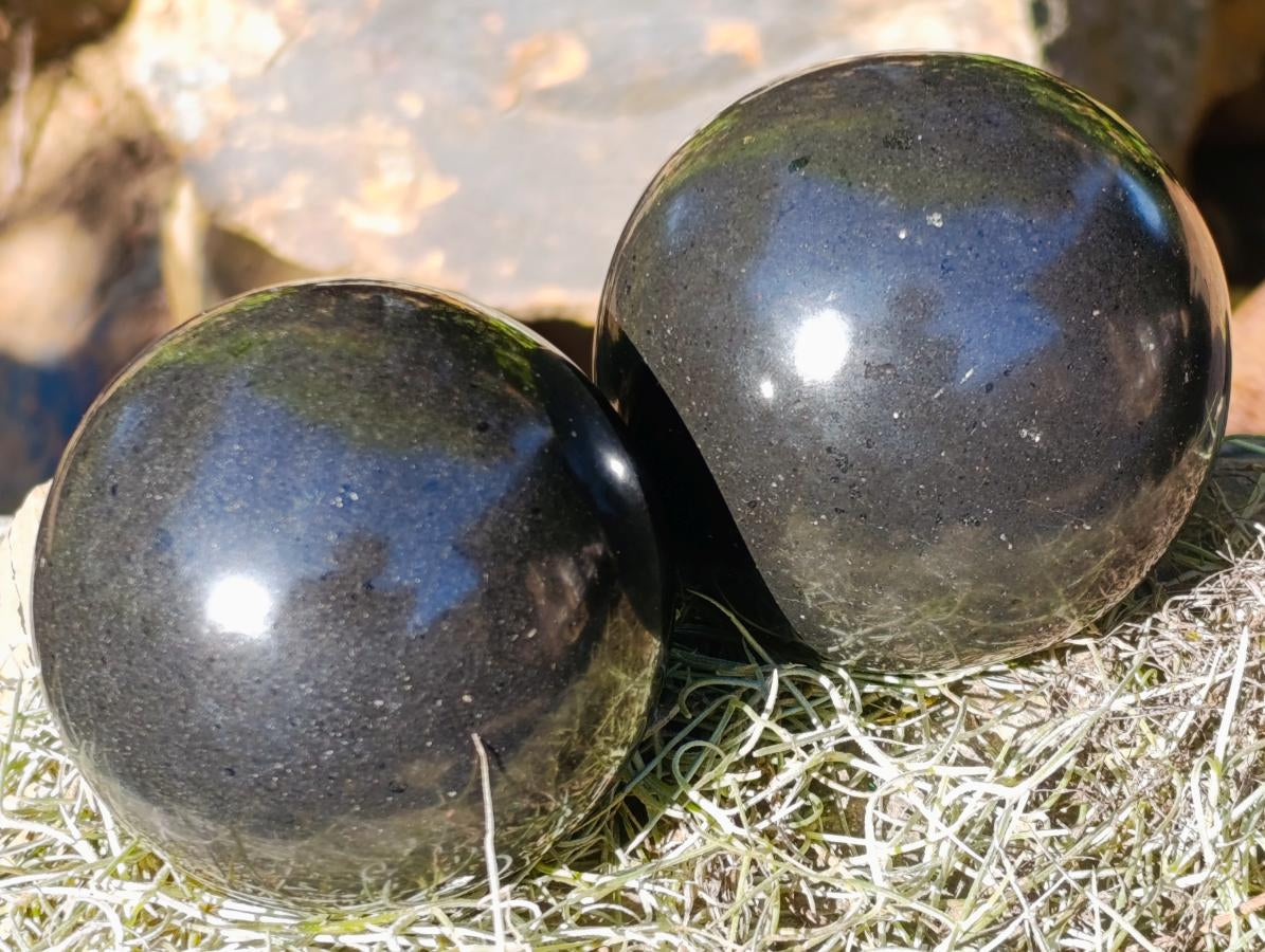 Polished Black Basalt Spheres x 2 From Madagascar - Toprock Gemstones and Minerals 