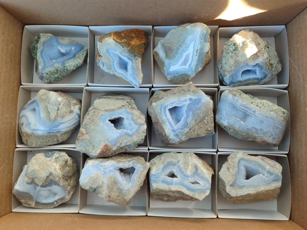 Polished On One Side Blue Lace Agate Geodes x 12 From Nsanje, Malawi - Toprock Gemstones and Minerals 