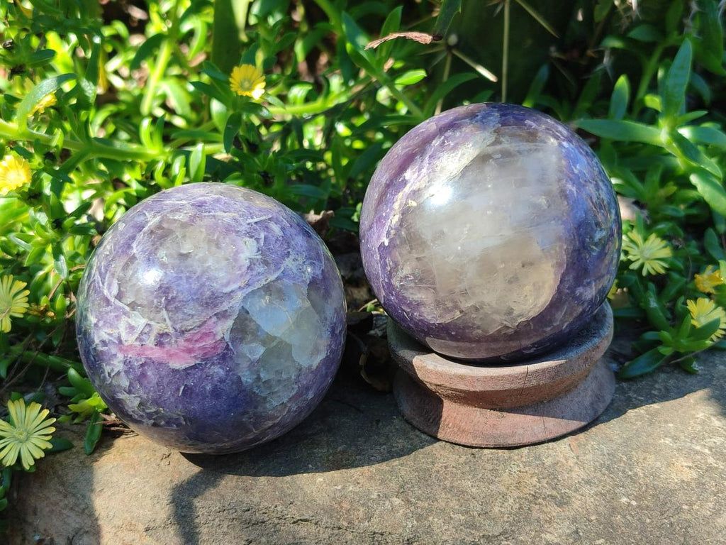 Polished Lepidolite with Pink Rubellite Spheres x 3 From Ambatondrazaka, Madagascar - Toprock Gemstones and Minerals 