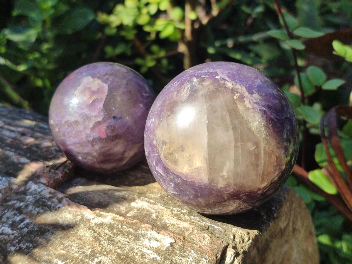Polished Lepidolite with Pink Rubellite Spheres x 3 From Ambatondrazaka, Madagascar - Toprock Gemstones and Minerals 