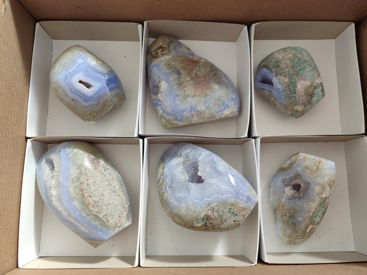 Polished Blue Lace Agate Standing Display Pieces x 6 From Nsanje, Malawi - Toprock Gemstones and Minerals 