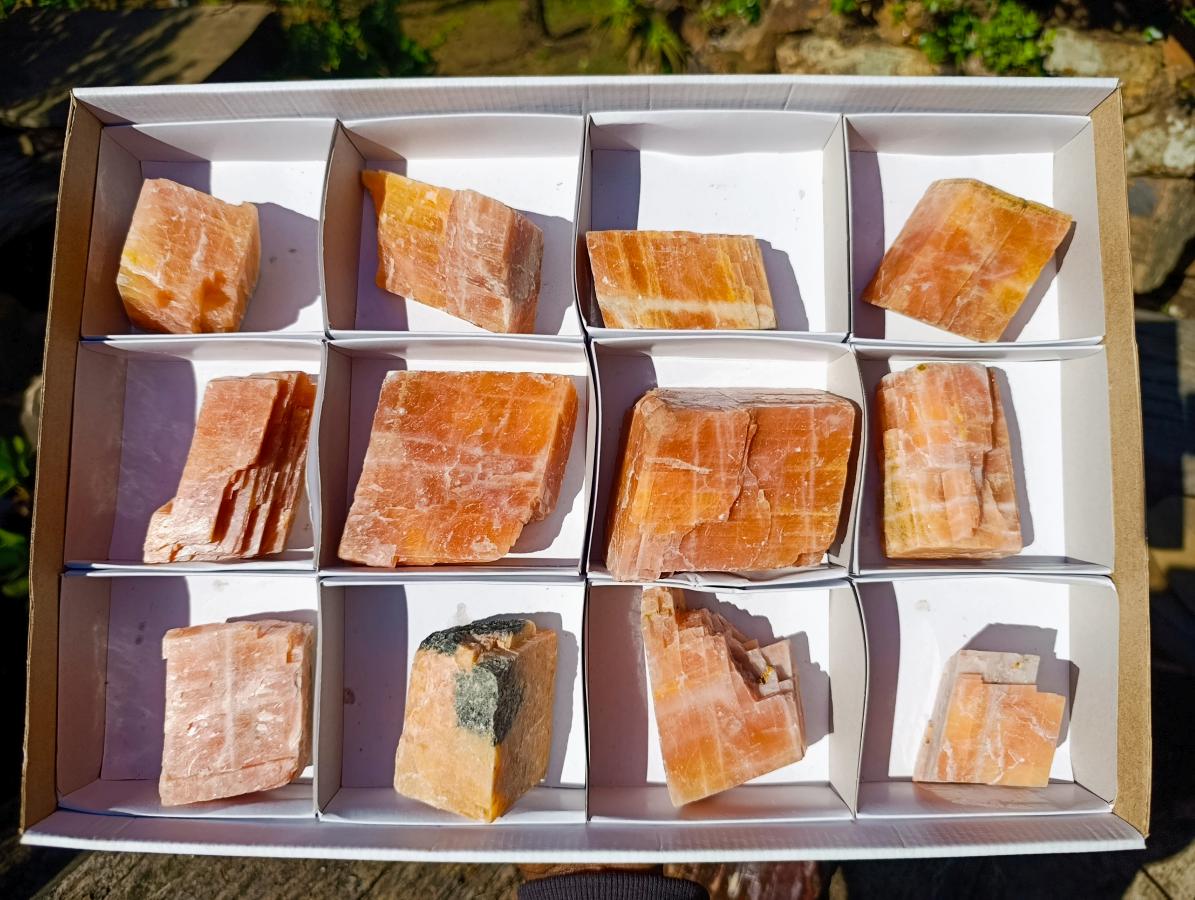 Natural Rhombohedral Sunset Orange Calcite Specimens x 12 From Spitzkop, Namibia - Toprock Gemstones and Minerals 
