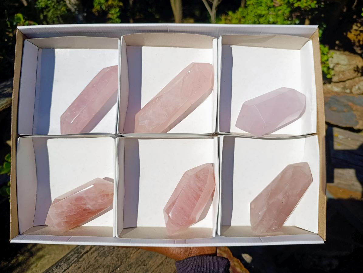 Polished Double Terminated Gemmy Rose Quartz Crystals x 6 From Madagascar - Toprock Gemstones and Minerals 