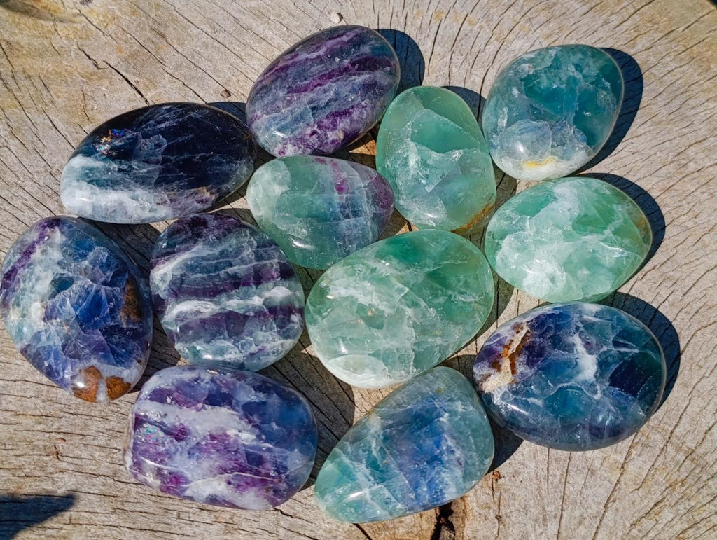 Polished Watermelon Fluorite Palm Stones x 12 From Uis, Namibia - Toprock Gemstones and Minerals 