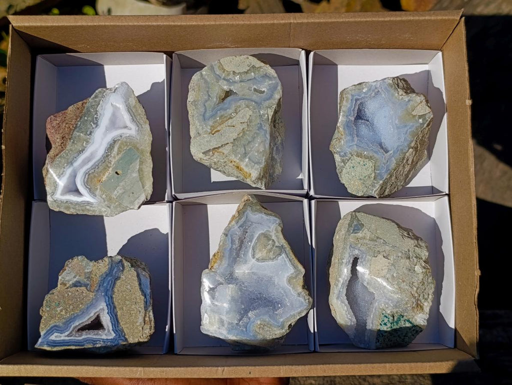 Polished On One Side Blue Lace Agate Geodes x 6 From Nsanje, Malawi - Toprock Gemstones and Minerals 
