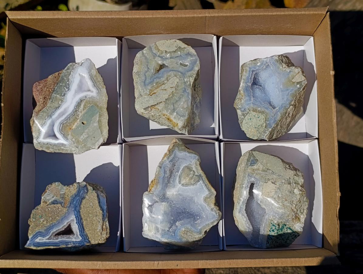 Polished On One Side Blue Lace Agate Geodes x 6 From Nsanje, Malawi - Toprock Gemstones and Minerals 
