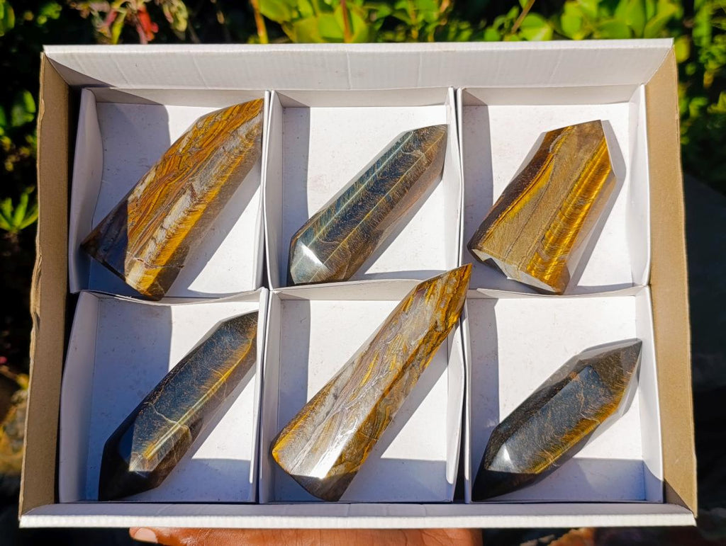 Polished Golden Tigers Eye Display and Double Terminated Crystals x 6 From Prieska, South Africa - Toprock Gemstones and Minerals 