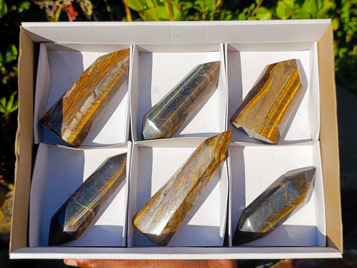 Polished Golden Tigers Eye Display and Double Terminated Crystals x 6 From Prieska, South Africa - Toprock Gemstones and Minerals 