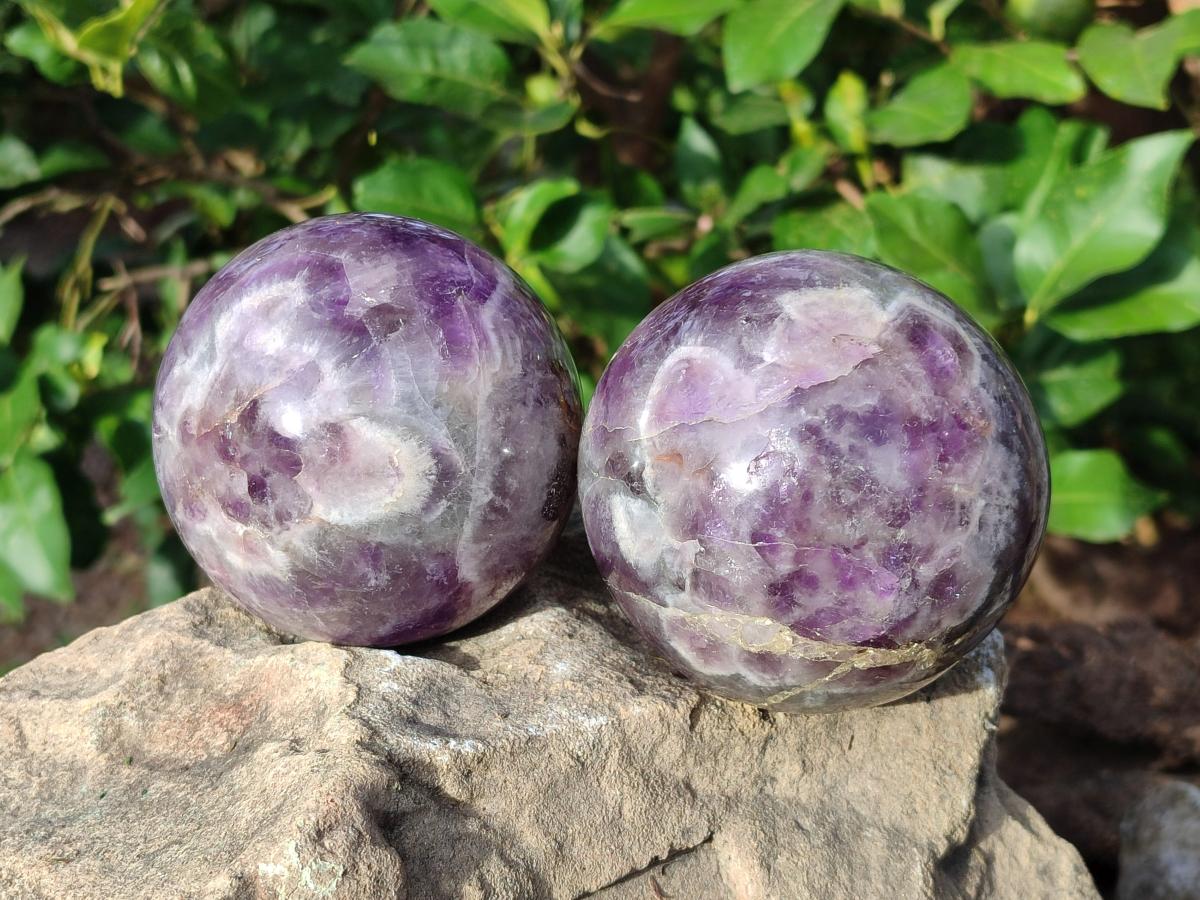 Polished Large Chevron Amethyst Spheres with Wooden Stands x 2 From Madagascar - Toprock Gemstones and Minerals 