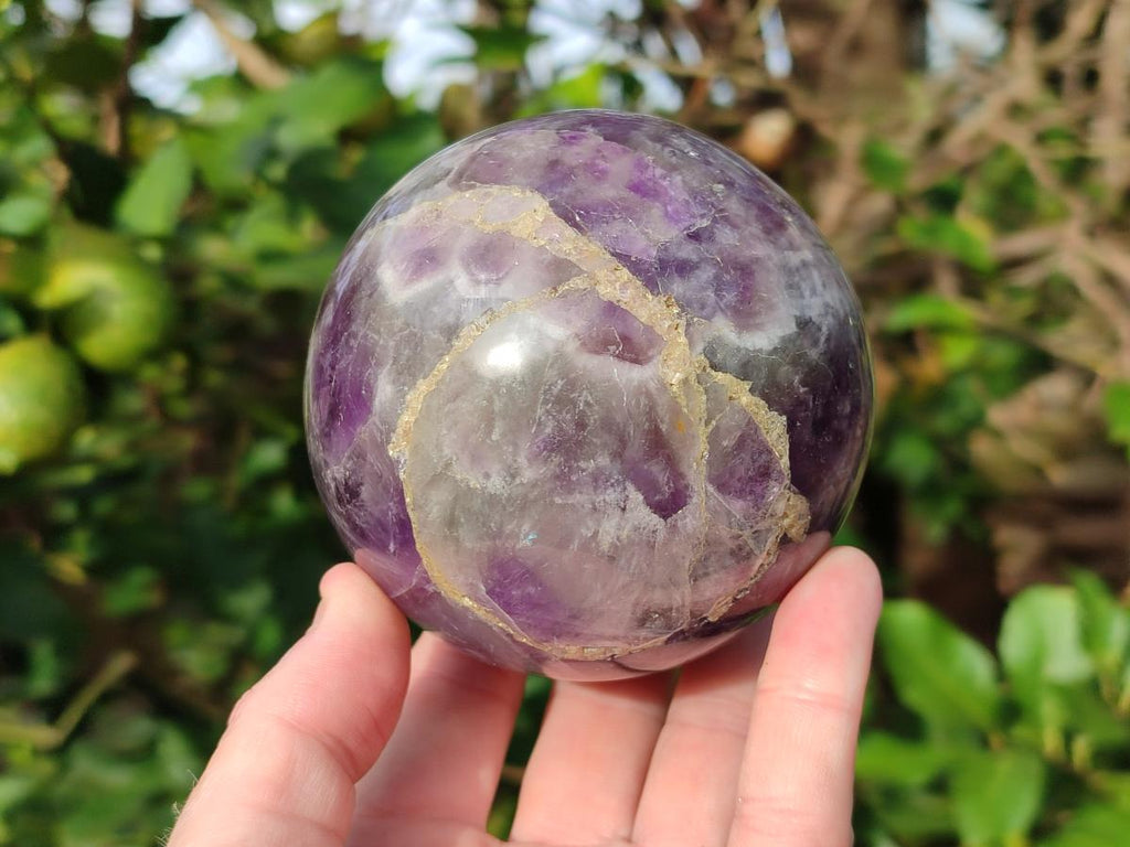 Polished Large Chevron Amethyst Spheres with Wooden Stands x 2 From Madagascar - Toprock Gemstones and Minerals 