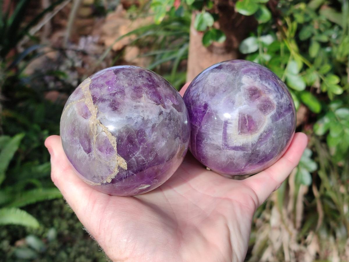 Polished Large Chevron Amethyst Spheres with Wooden Stands x 2 From Madagascar - Toprock Gemstones and Minerals 