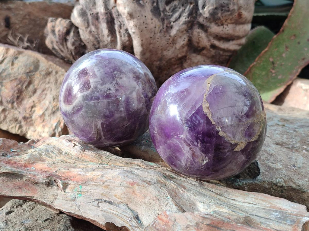 Polished Large Chevron Amethyst Spheres with Wooden Stands x 2 From Madagascar - Toprock Gemstones and Minerals 