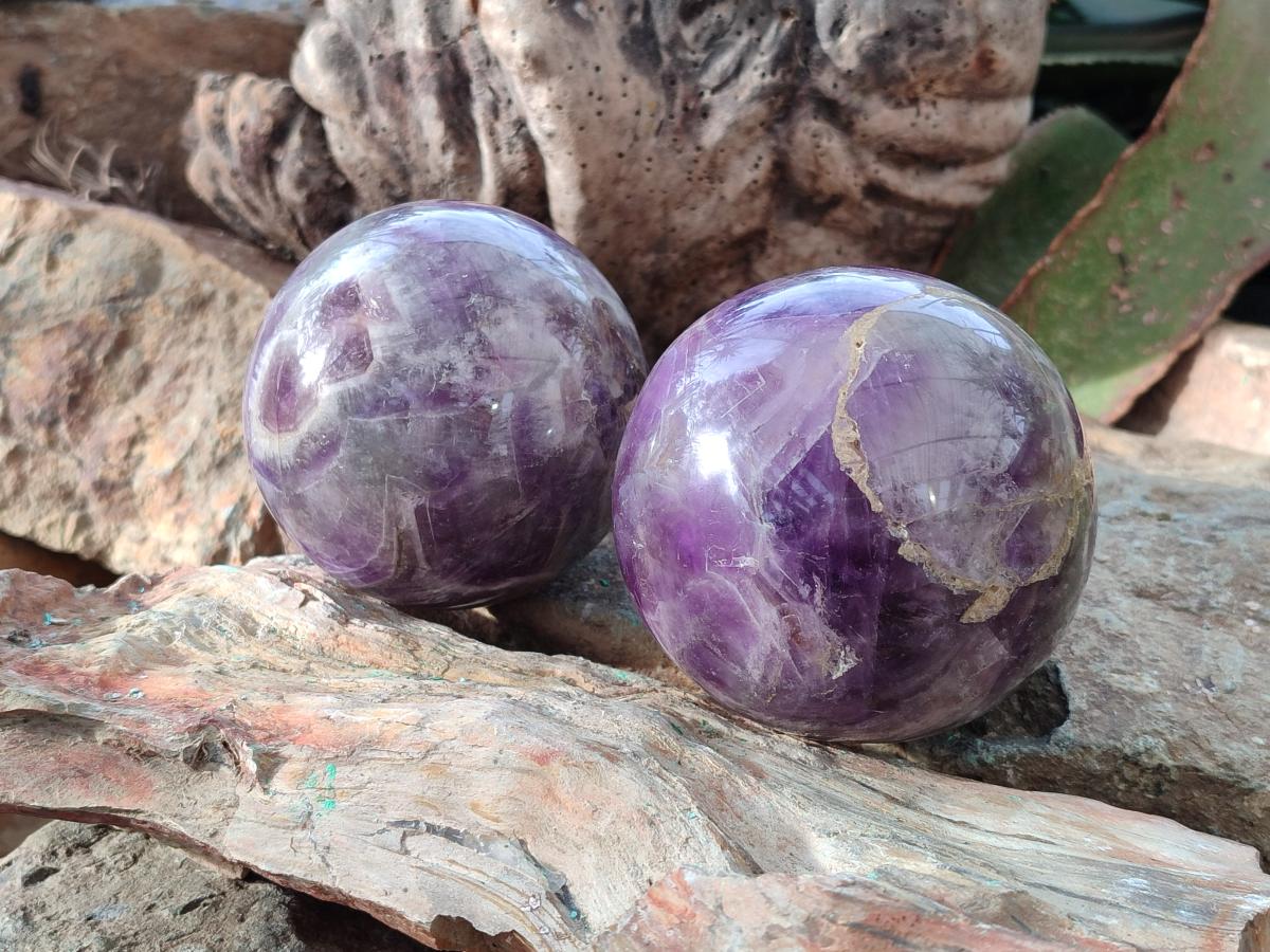 Polished Large Chevron Amethyst Spheres with Wooden Stands x 2 From Madagascar - Toprock Gemstones and Minerals 