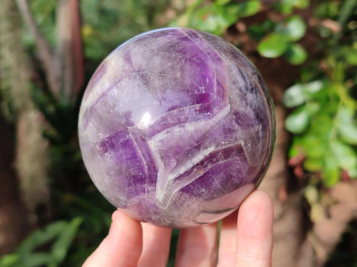 Polished Large Chevron Amethyst Spheres with Wooden Stands x 2 From Madagascar - Toprock Gemstones and Minerals 