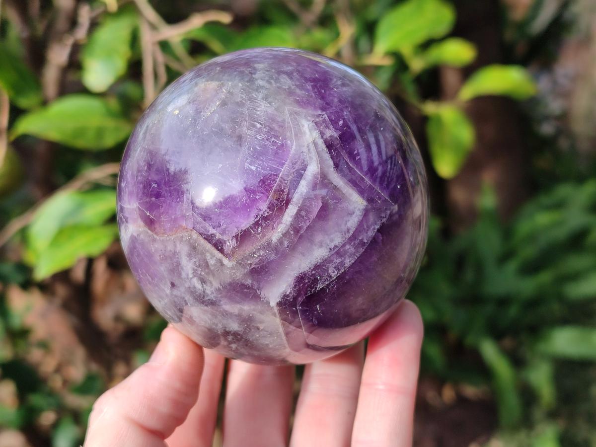 Polished Large Chevron Amethyst Spheres with Wooden Stands x 2 From Madagascar - Toprock Gemstones and Minerals 