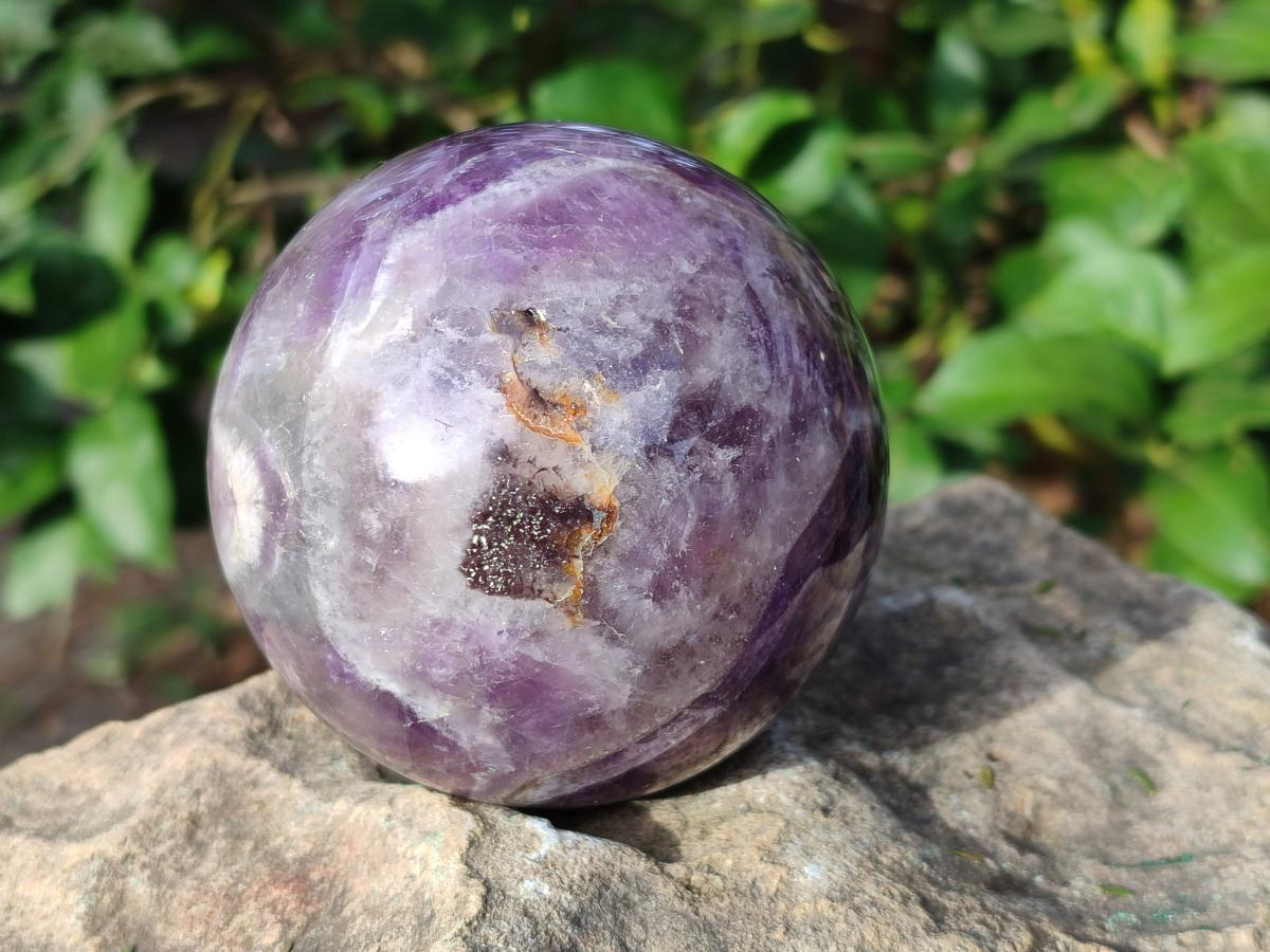 Polished Large Chevron Amethyst Spheres with Wooden Stands x 2 From Madagascar - Toprock Gemstones and Minerals 
