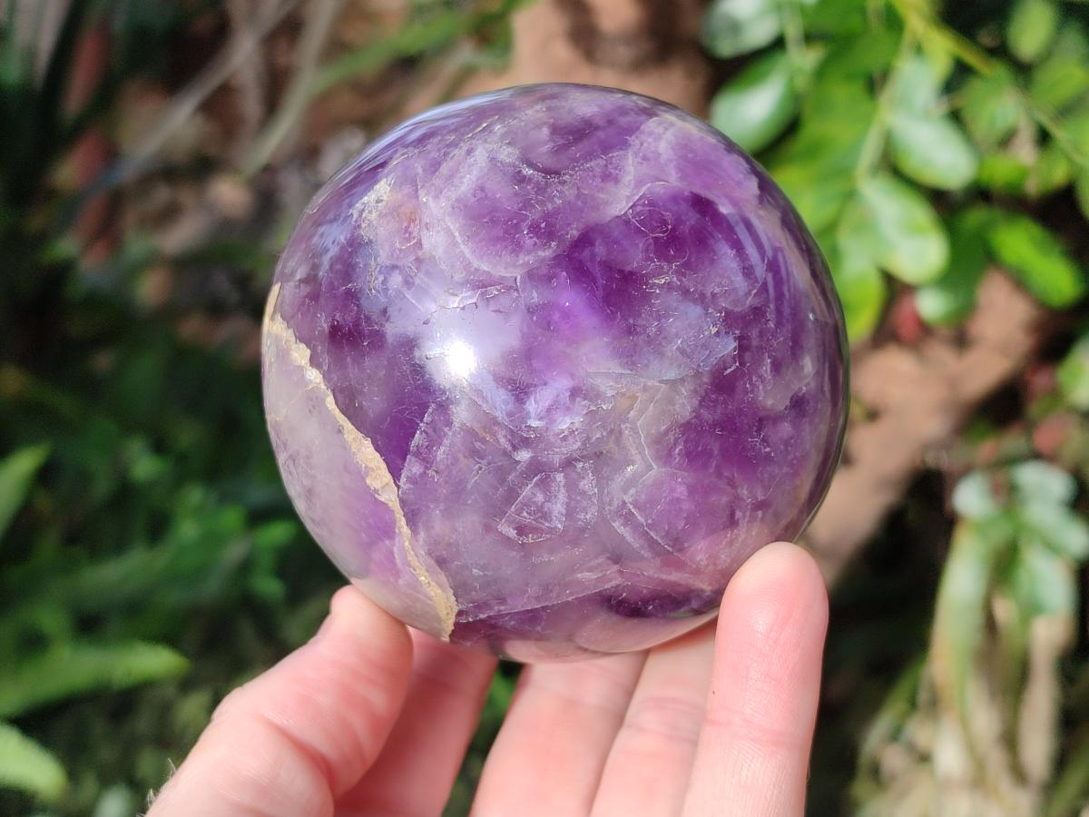 Polished Large Chevron Amethyst Spheres with Wooden Stands x 2 From Madagascar - Toprock Gemstones and Minerals 