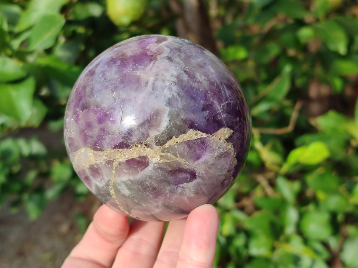 Polished Large Chevron Amethyst Spheres with Wooden Stands x 2 From Madagascar - Toprock Gemstones and Minerals 