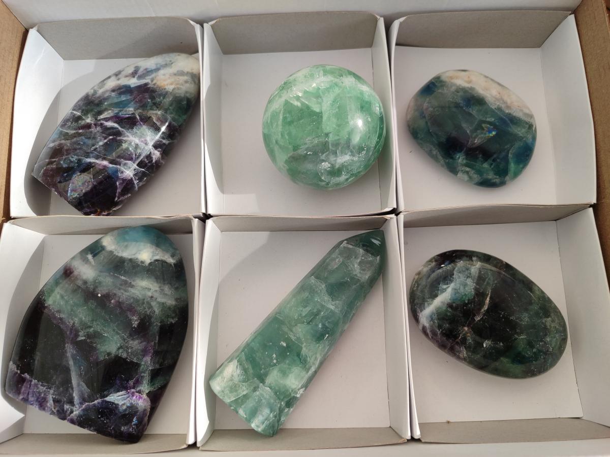Polished Mix of Watermelon Fluorite Pieces x 6 From Uis, Namibia - Toprock Gemstones and Minerals 