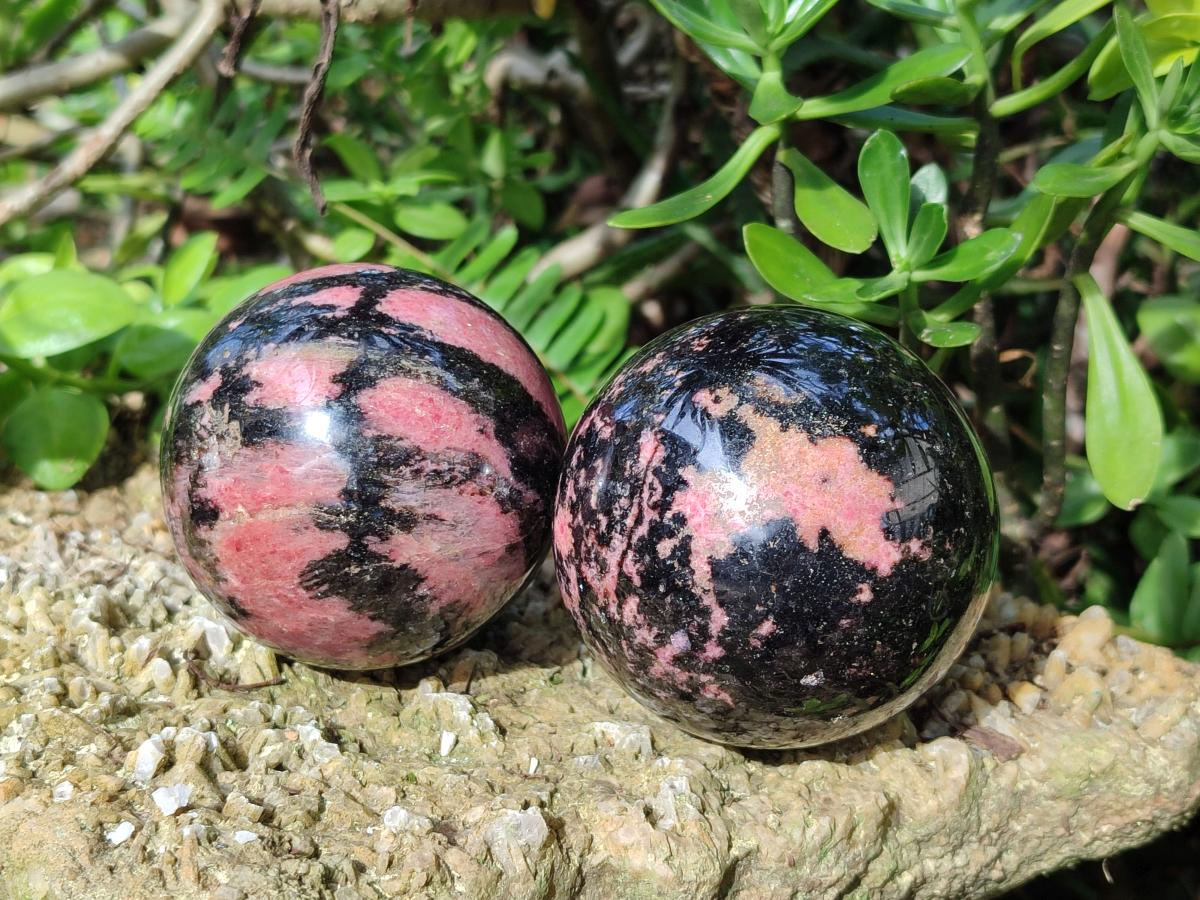 Polished Rhodonite Gemstone Spheres x 2 From Ambindavato, Madagascar - Toprock Gemstones and Minerals 