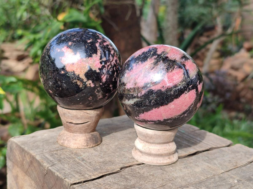 Polished Rhodonite Gemstone Spheres x 2 From Ambindavato, Madagascar - Toprock Gemstones and Minerals 
