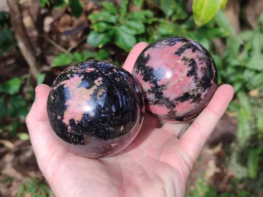 Polished Rhodonite Gemstone Spheres x 2 From Ambindavato, Madagascar - Toprock Gemstones and Minerals 