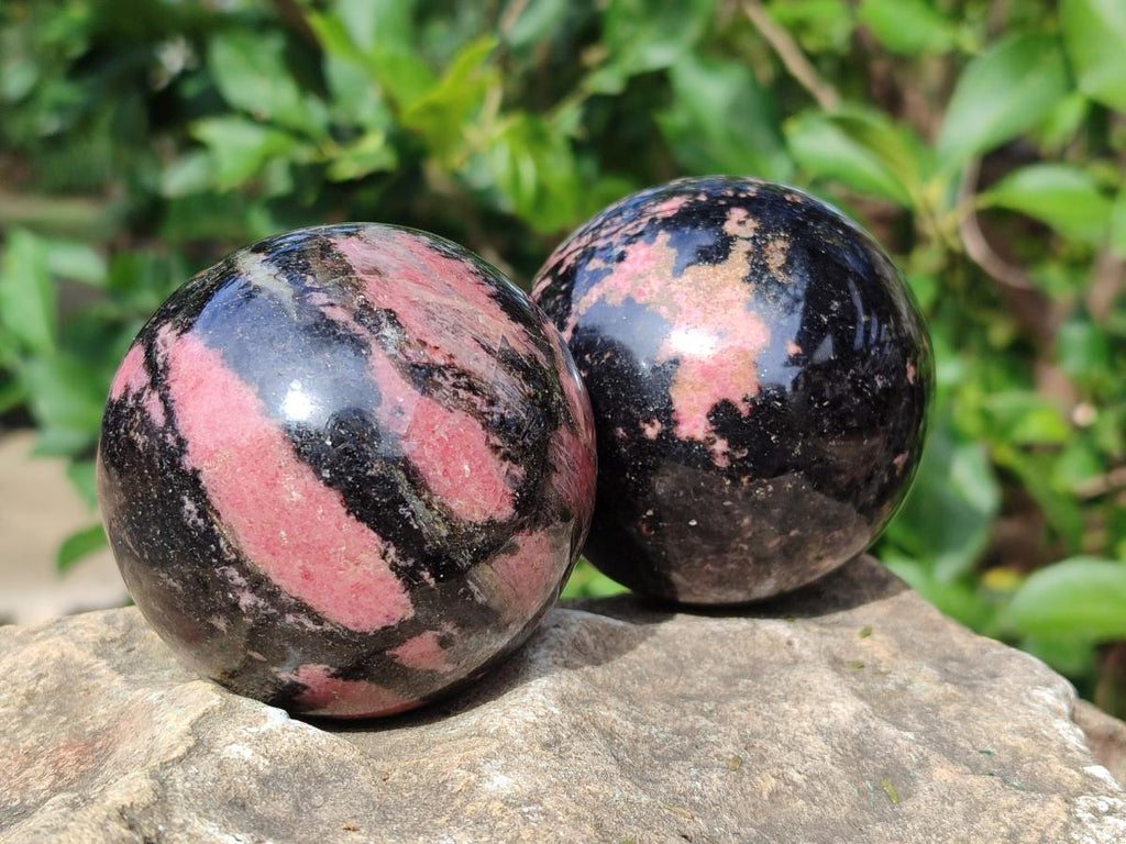 Polished Rhodonite Gemstone Spheres x 2 From Ambindavato, Madagascar - Toprock Gemstones and Minerals 