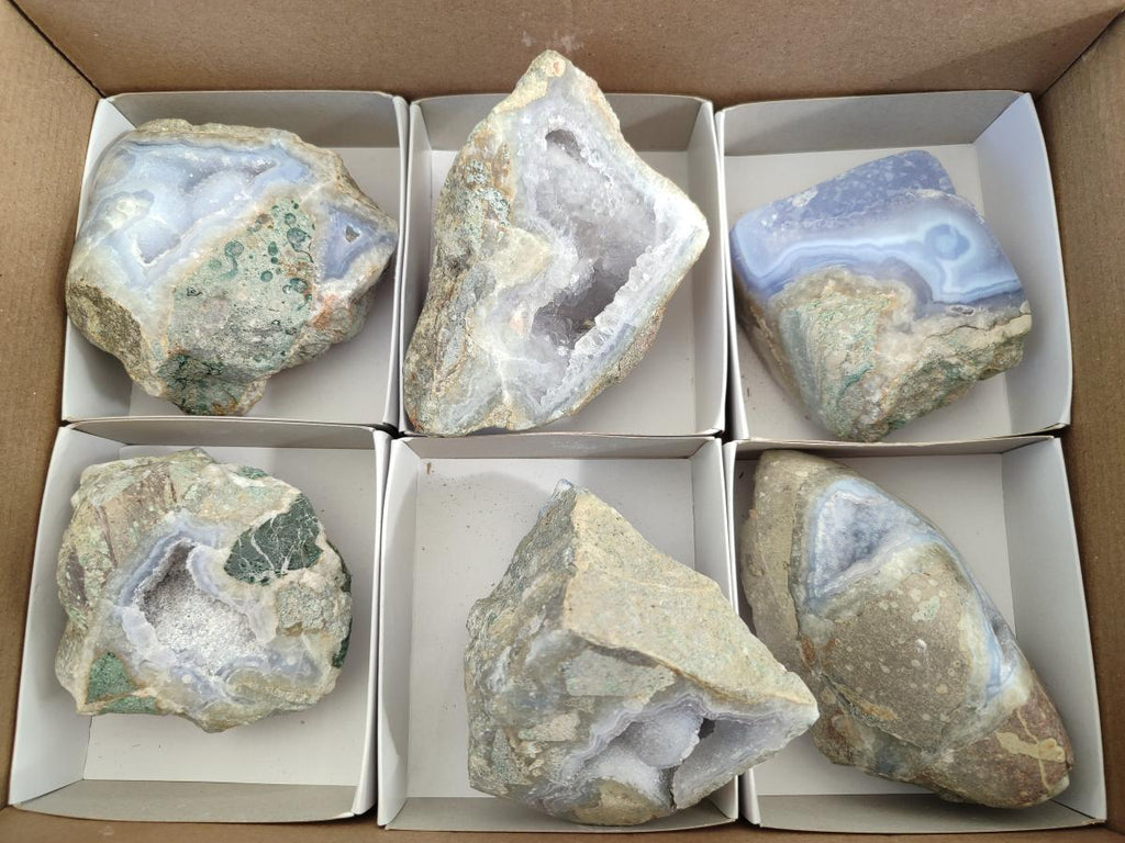 Polished On One Side Blue Lace Agate Geodes x 6 From Nsanje, Malawi - Toprock Gemstones and Minerals 