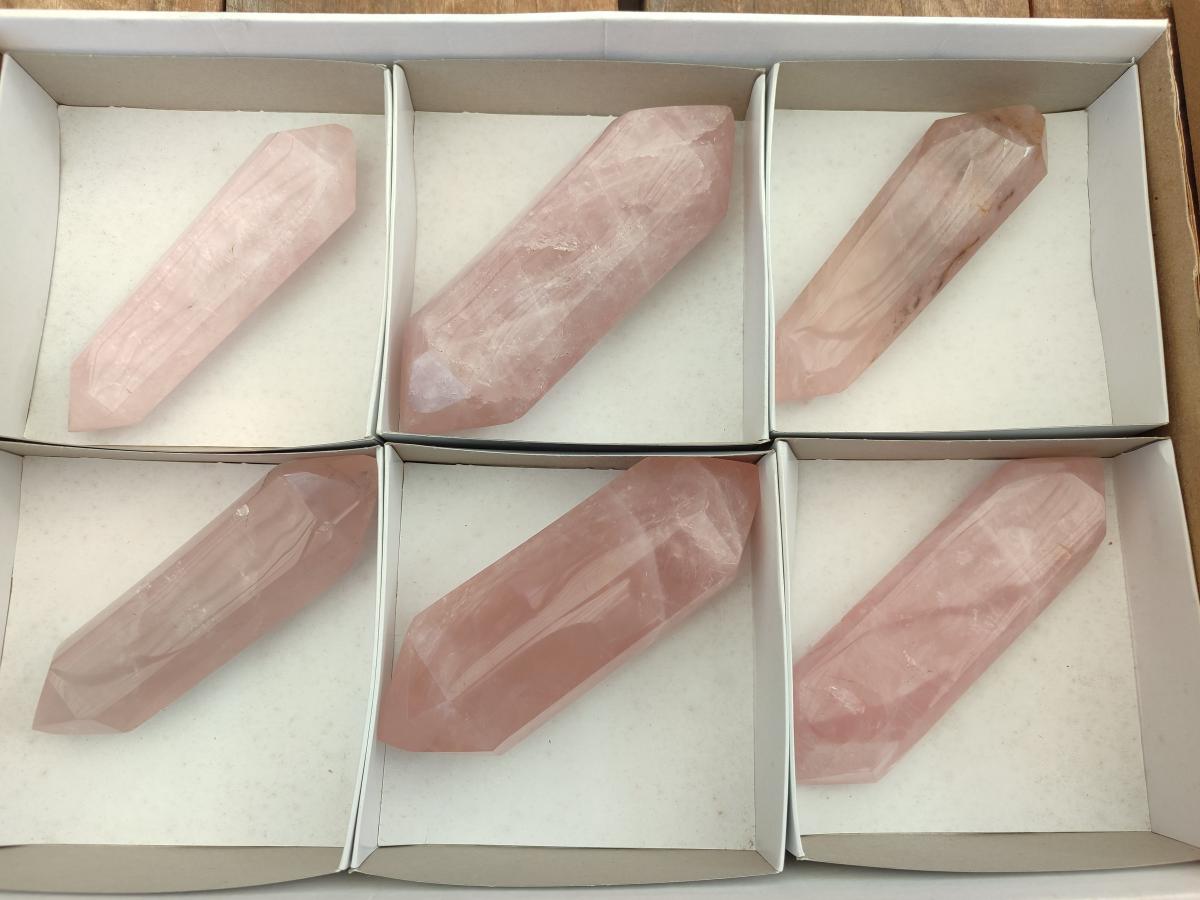 Polished Double Terminated Gemmy Rose Quartz Crystals x 6 From Madagascar - Toprock Gemstones and Minerals 