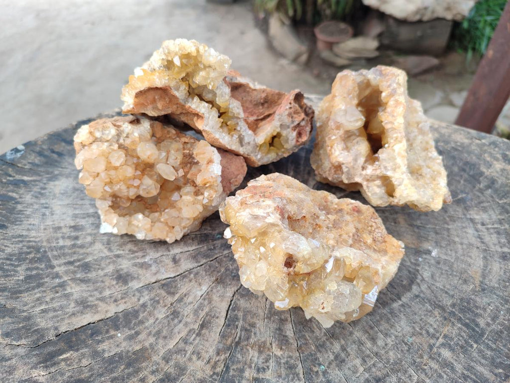 Natural Golden Limonite Quartz Vug Geode Specimens x 4 From Solwezi, Zambia - Toprock Gemstones and Minerals 
