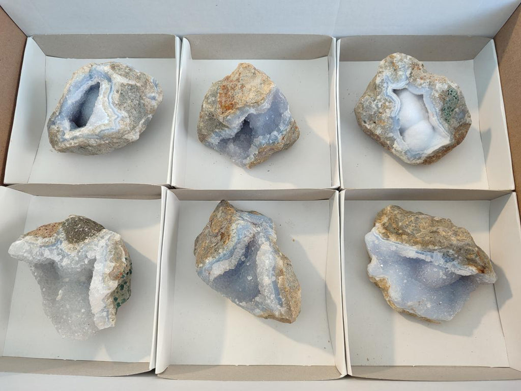 Natural Blue Lace Agate Geode Specimens x 6 From Nsanje, Malawi - Toprock Gemstones and Minerals 