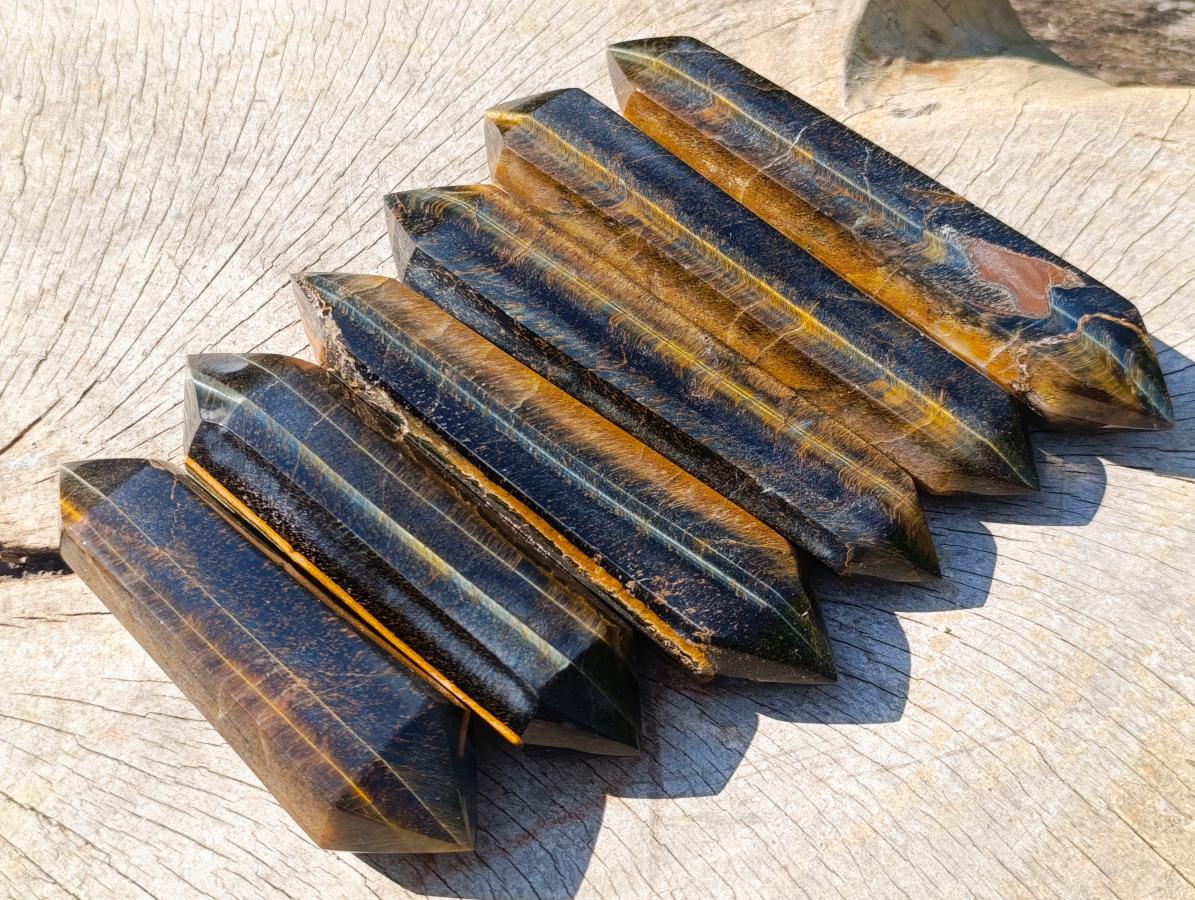 Polished Large Double Terminated Golden Tigers Eye Crystals x 6 From Prieska, South Africa - Toprock Gemstones and Minerals 