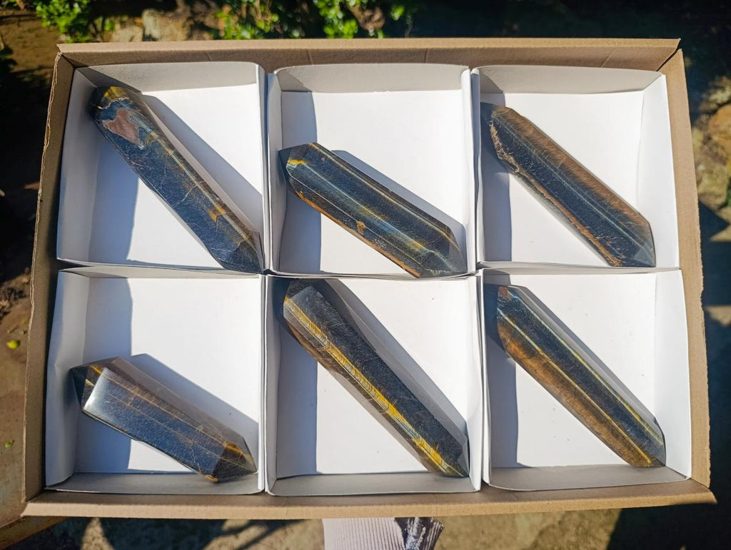 Polished Large Double Terminated Golden Tigers Eye Crystals x 6 From Prieska, South Africa - Toprock Gemstones and Minerals 