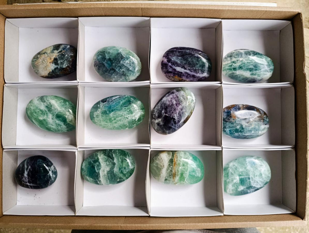 Polished Large Watermelon Fluorite Palm Stones x 12 From Uis, Namibia - Toprock Gemstones and Minerals 