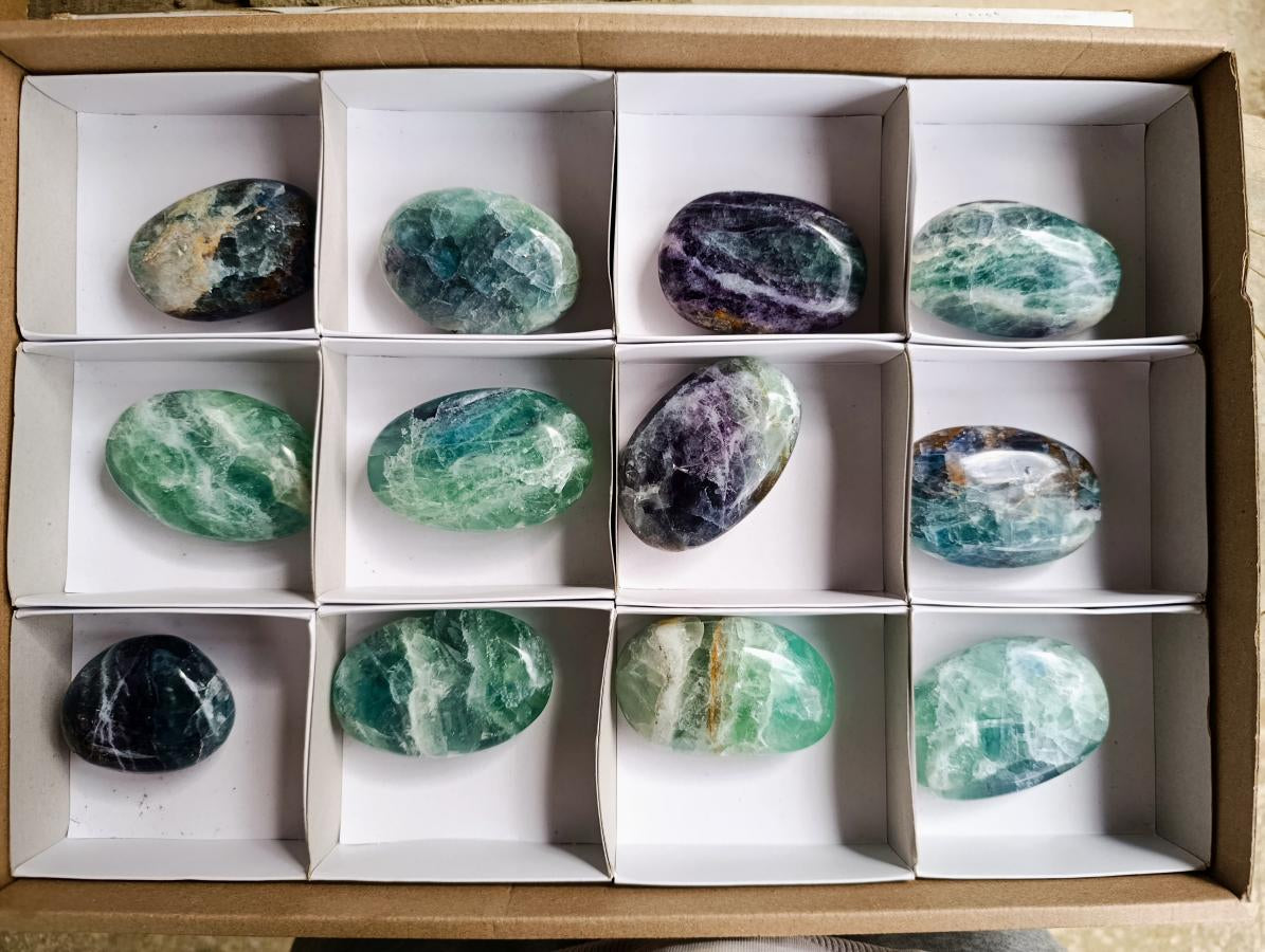 Polished Large Watermelon Fluorite Palm Stones x 12 From Uis, Namibia - Toprock Gemstones and Minerals 