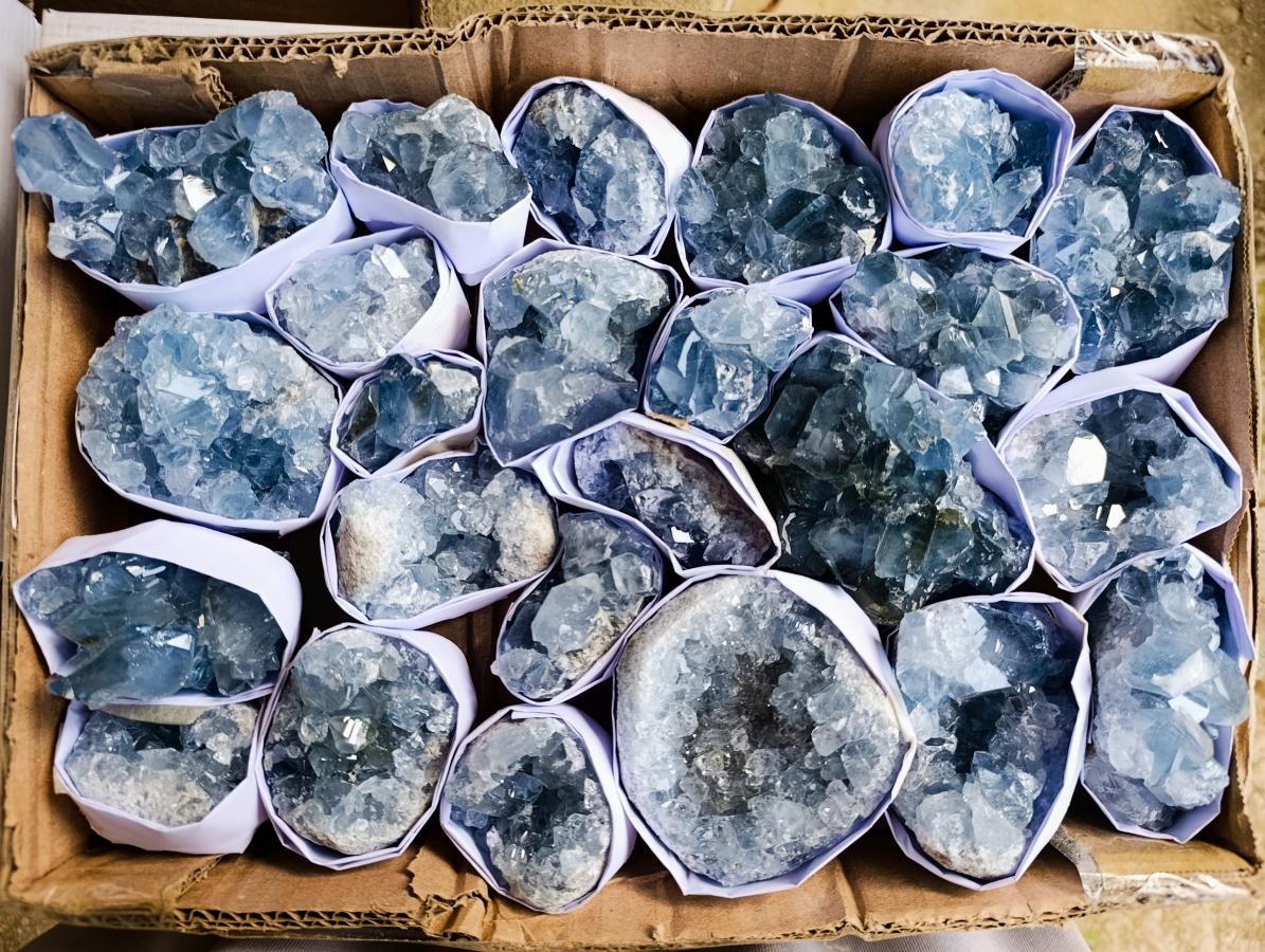 Natural Blue Celestite Specimens x 24 From Sakoany, Madagascar