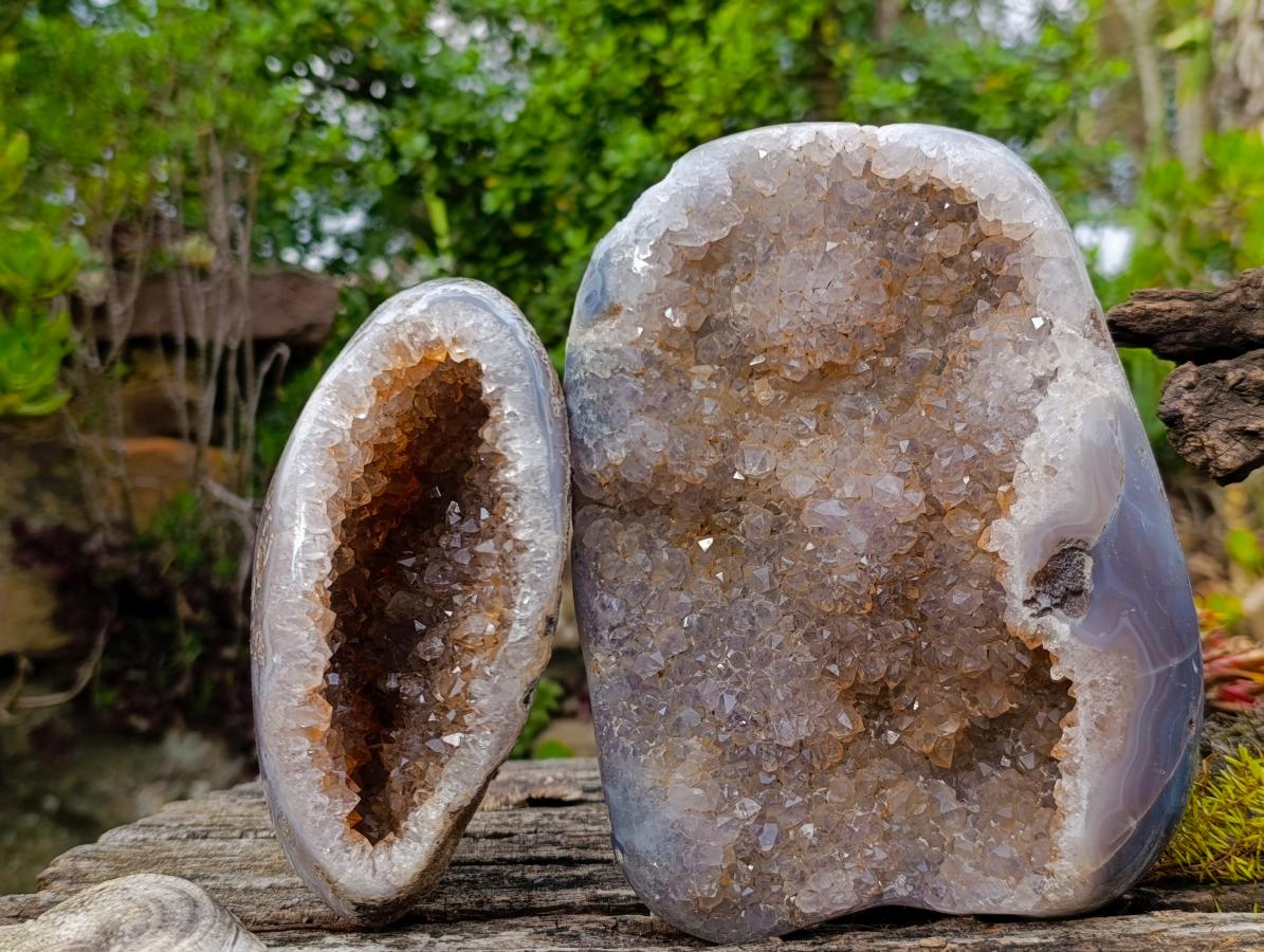Polished Banded Agate with Crystalline Geodes x 2 From Maintirano, Madagascar