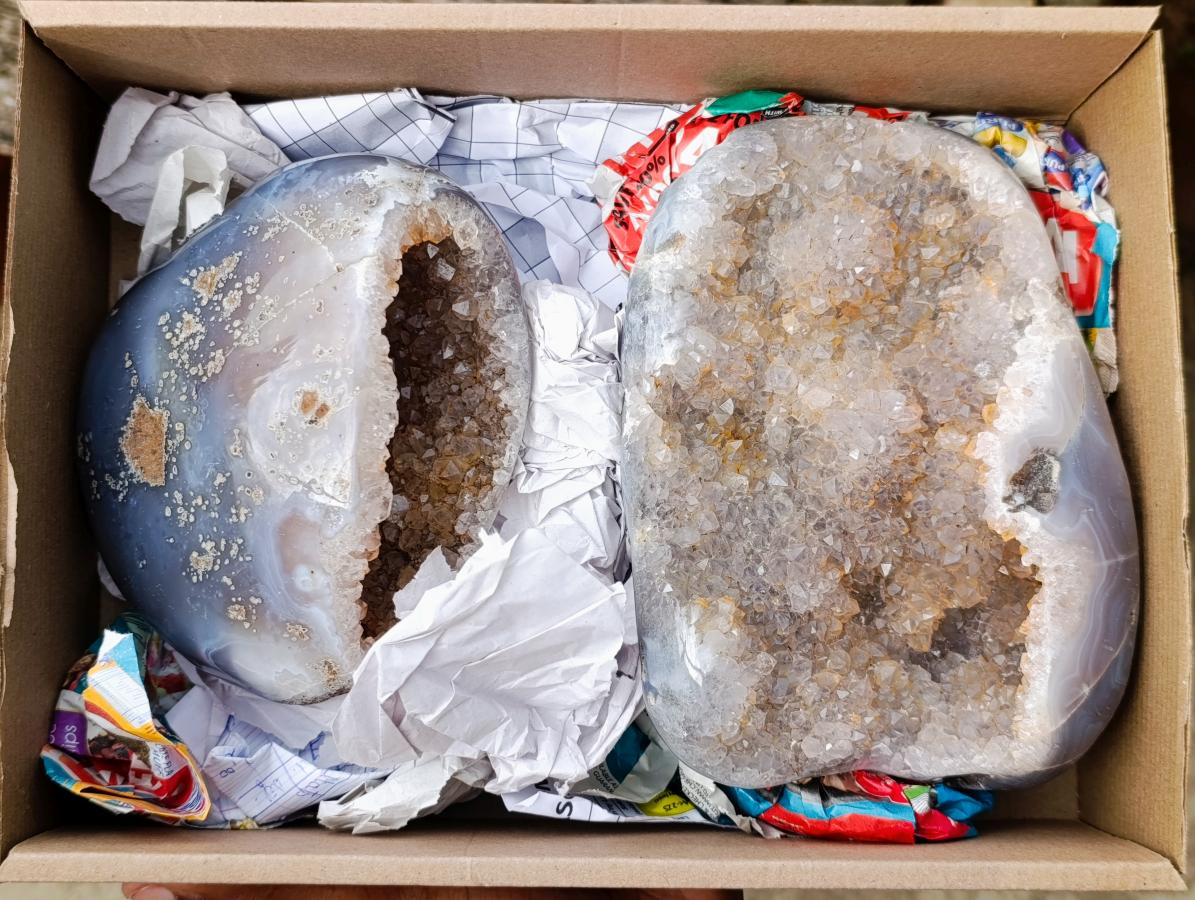 Polished Banded Agate with Crystalline Geodes x 2 From Maintirano, Madagascar