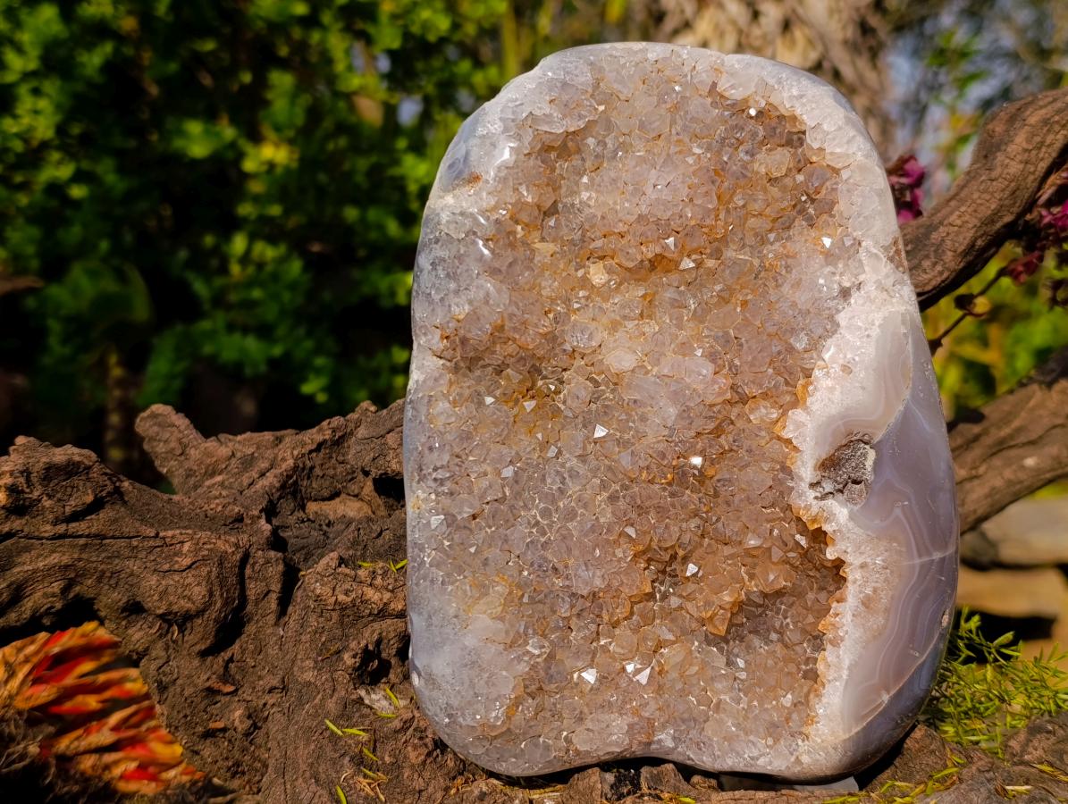 Polished Banded Agate with Crystalline Geodes x 2 From Maintirano, Madagascar