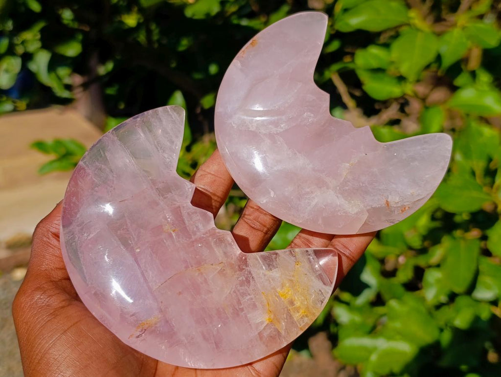 Hand Made Gemmy Rose Quartz Crescent Moon Carvings x 4 From Madagascar