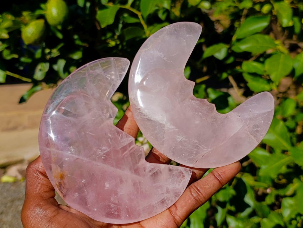 Hand Made Gemmy Rose Quartz Crescent Moon Carvings x 4 From Madagascar