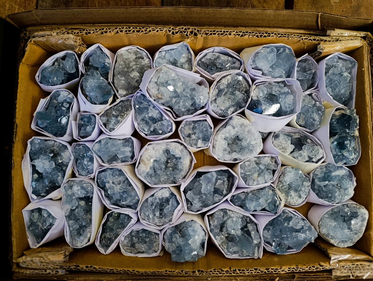 Natural Blue Celestite Specimens x 40 From Sakoany, Madagascar