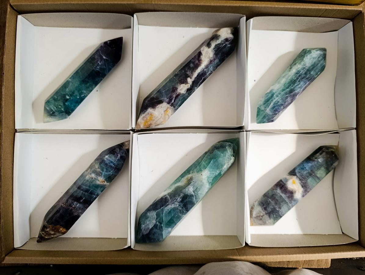 Polished Double Terminated Watermelon Fluorite Crystals x 6 From Uis, Namibia - Toprock Gemstones and Minerals 