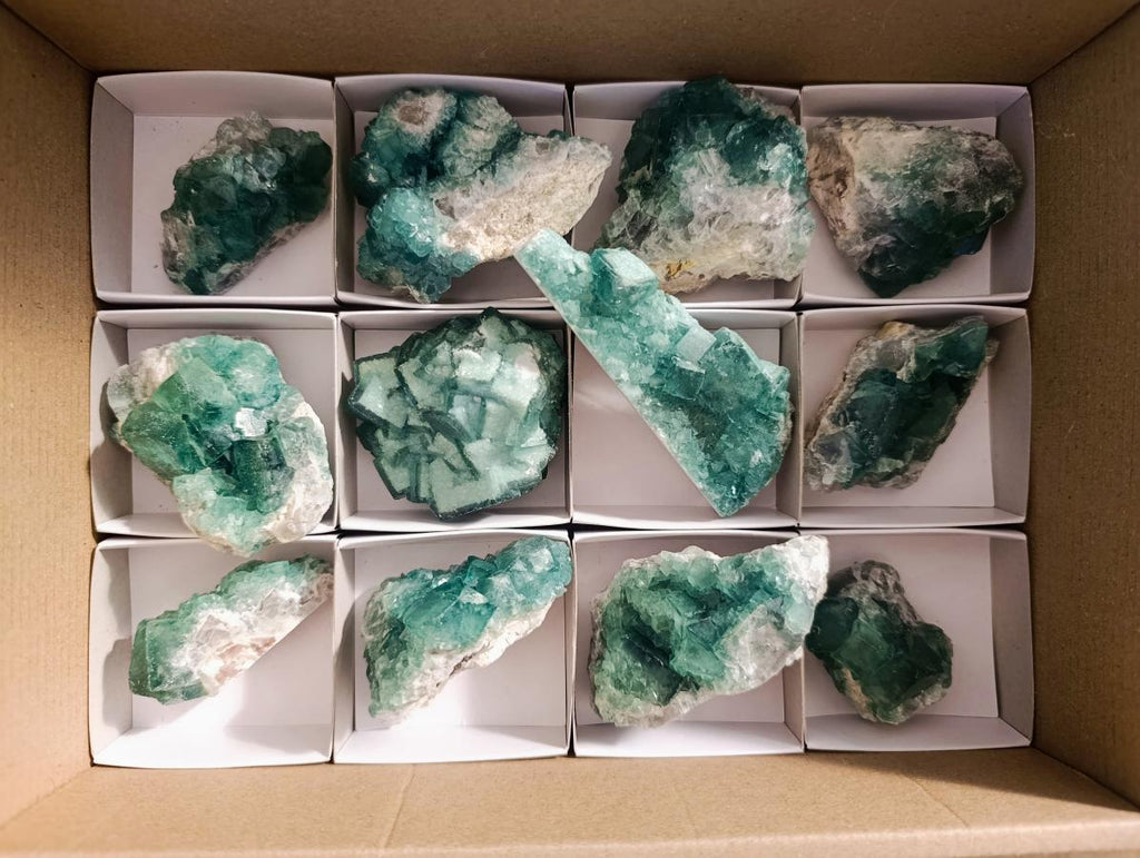 Natural Small Green Cubic Fluorite Specimens x 12 From Mandrosonoro, Madagascar - Toprock Gemstones and Minerals 