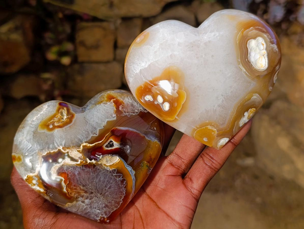 Polished Large Lemur Island Carnelian Agate Crystalline Hearts x 6 From Nosy Varika, Madagascar - Toprock Gemstones and Minerals 