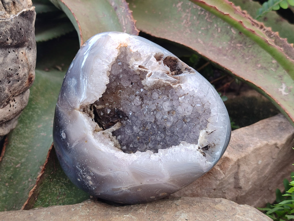 Polished One Side Banded Agates with Crystalline Geodes x 4 From Maintirano, Madagascar - Toprock Gemstones and Minerals 